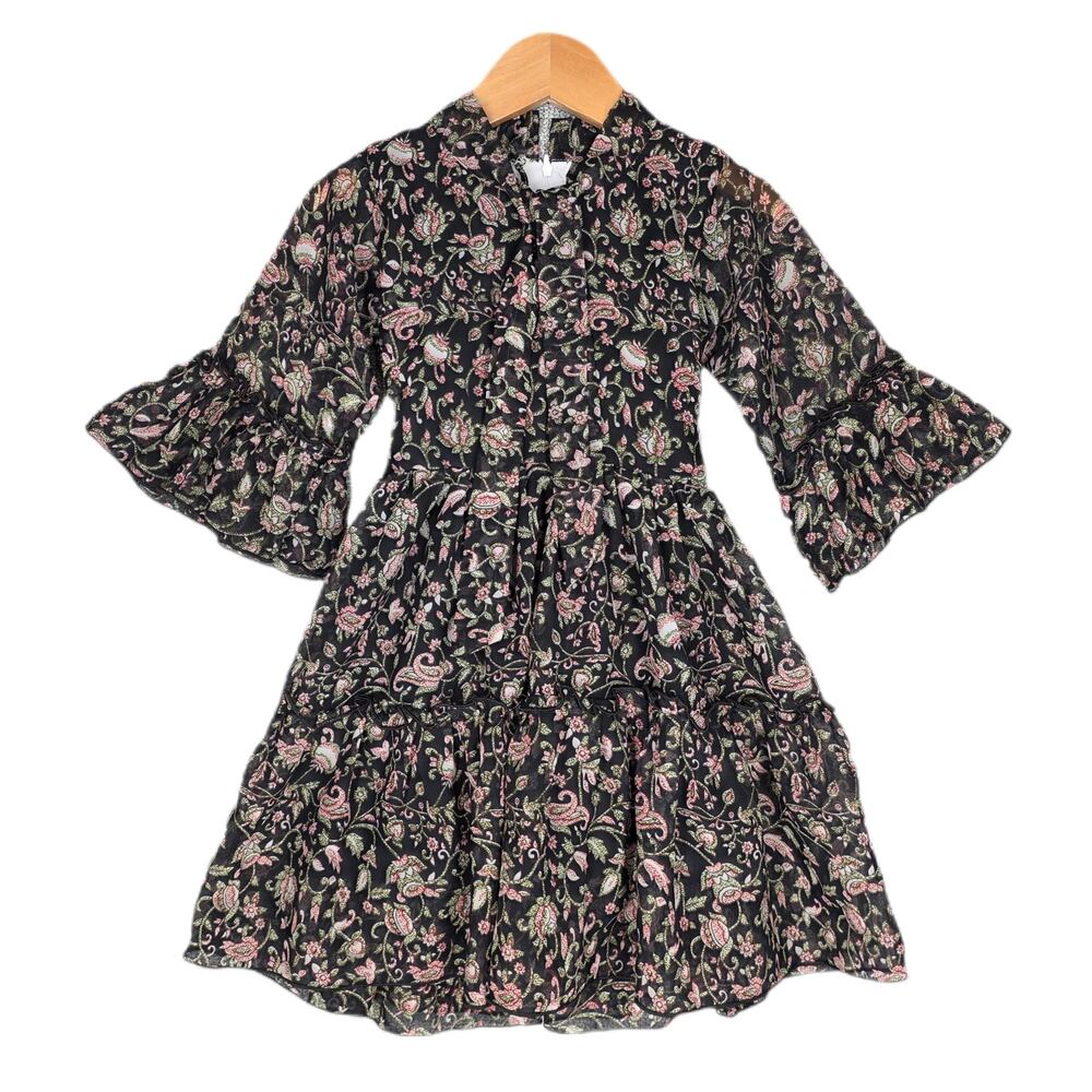 BELLA CIAO FLORAL LONG‑SLEEVE DRESS – 24M – NECK SASH TIES & BACK WAIST TIES